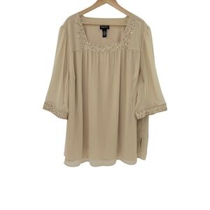 NWT Maggie Barnes Embellished Square Neck 3/4 Sleeve Tunic Top Plus Size 2X FLAW